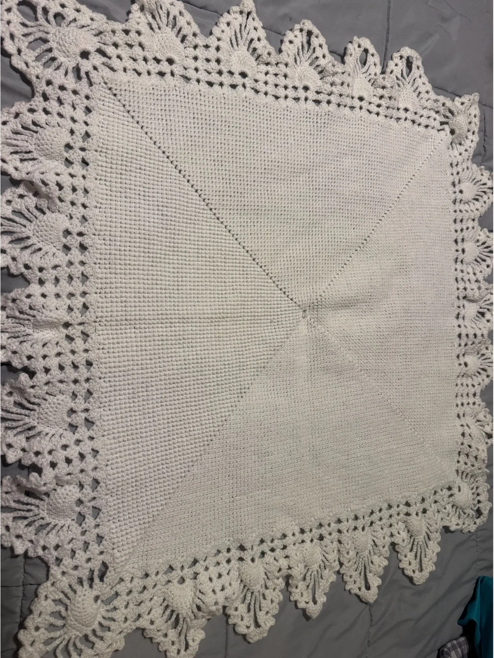 Handmade Crocheted Baby Blanket White Square Afghan 32x33 Lace Shell Border